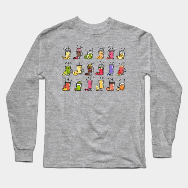 Smoothie Hand Drawn Fruits Long Sleeve T-Shirt by Mako Design 